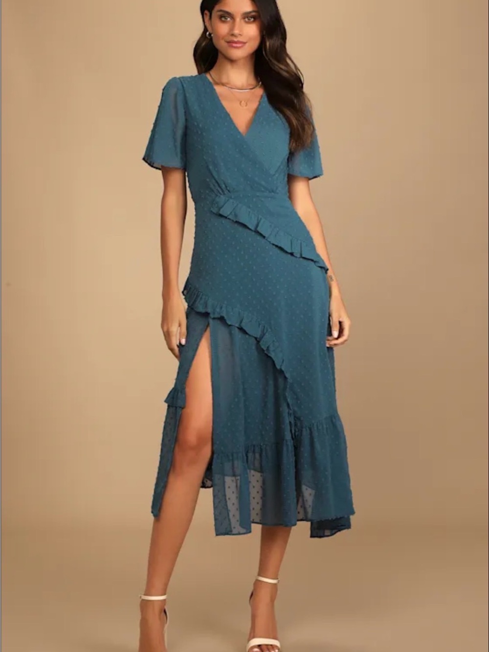 Lulu's Teal Ruffle Wrap Midi Dress
